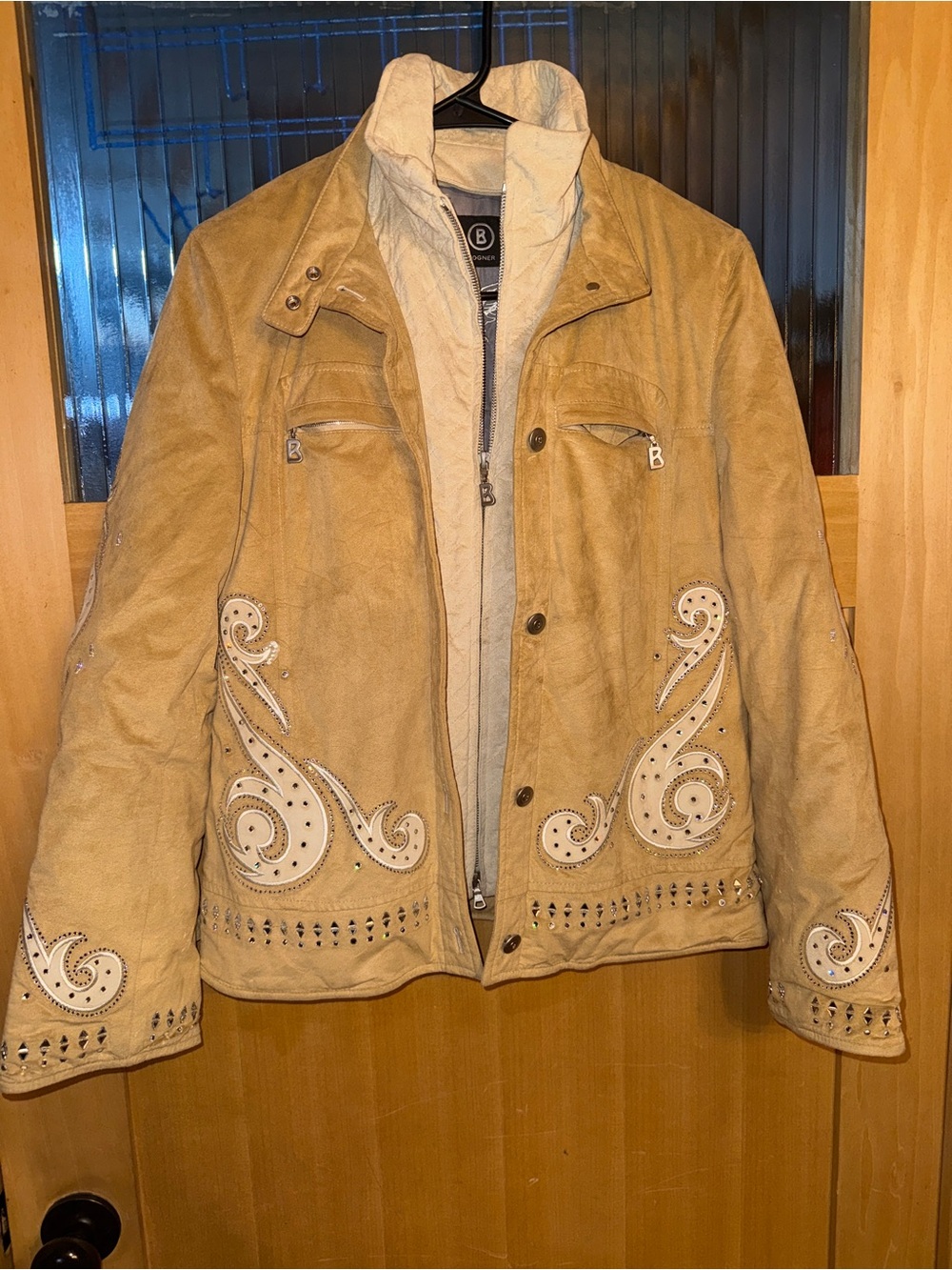 Bogner Goan Thylmann Beige Brown Rhinestone Embroidered Jacket Size 4 USA Made